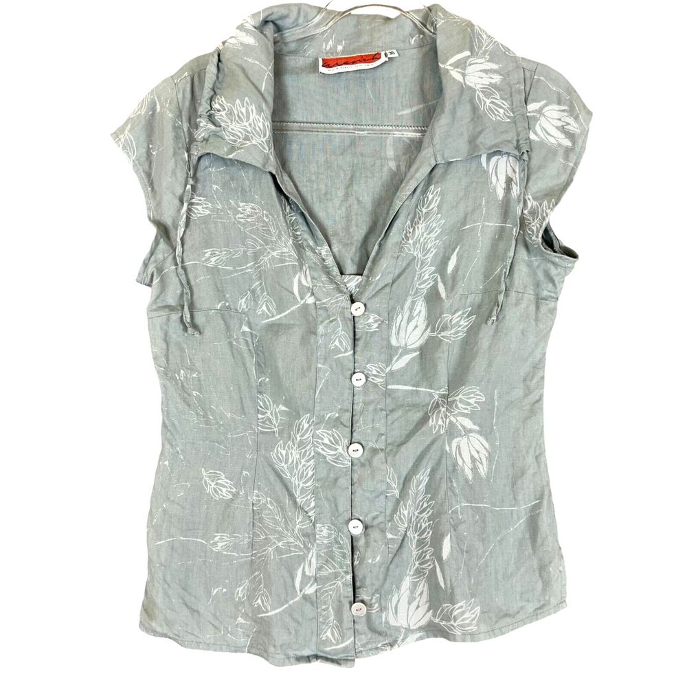 Ilse Menck 100% Linen Blouse Cap Sleeve Button Front Drawstring Collar Gray 36